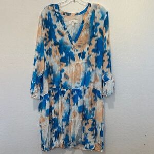 Susan Graver Blue 3/4 Bell Sleeve Metallic viscose Tiered Dress-Size XL country